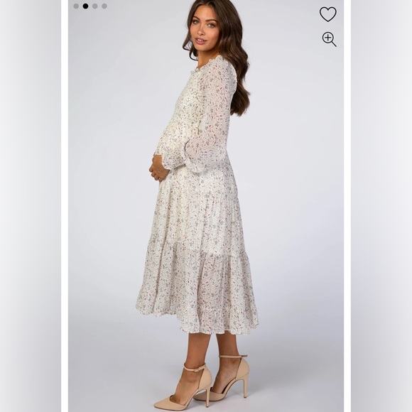 NWOT Pinkblush Ivory Floral Smocked Front Ruffle Hem Maternity Midi Dress size M - Picture 2 of 9